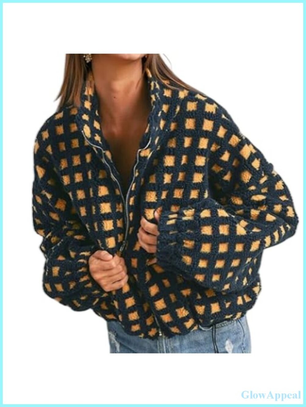Cropped Sherpa Fleece Plaid Jacket Zip Up Casual Teddy Coat